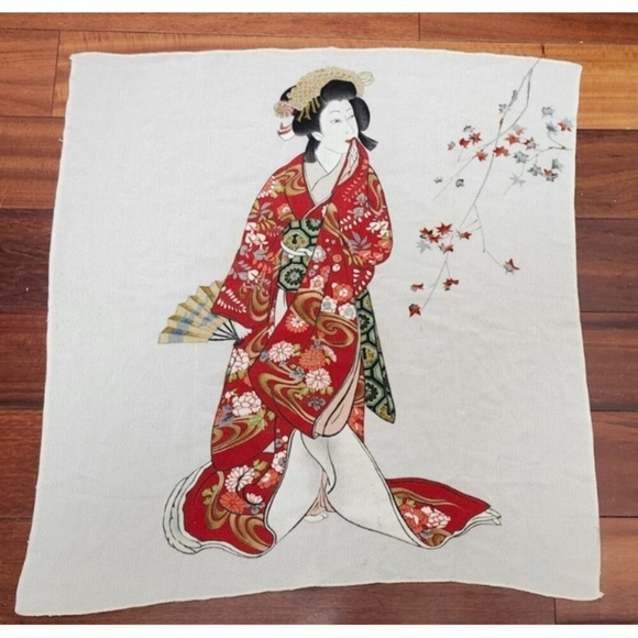 Vintage Japanese Scarf Geisha Kimono Art Print Red Gold Ivory Japan Size 28x 26 - Picture 2 of 6
